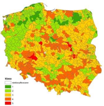 Rys.1 Wyznaczone na podstawie analizy taksonomicznej klasy zagrożenia brakiem zasobów w stosunku do potrzeb dla SCWP Wykonana analiza ma charakter wstępny gdyż opiera się na wskaźnikach opisujących