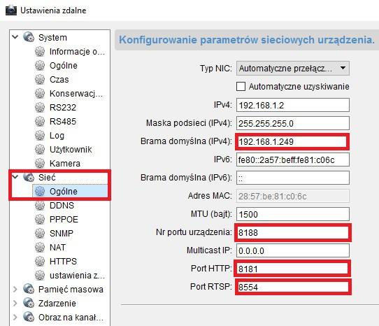 W nowo otwartym oknie należy rozwinąć menu Sieć, wybrać podmenu Ogólne i w oknie po prawej stronie wpisać następujące wartości: brama domyślna adres routera zapewniającego dostęp do internetu numery