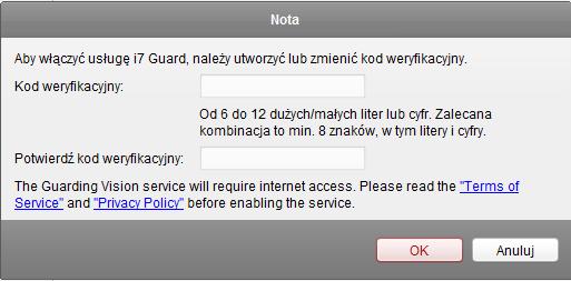 UWAGA! - dla kamer od wersji firmware 5.4.5 wzwyż i dla rejestratorów od wersji firmware 3.4.92 wzwyż pole Kod weryfikacyjny nie jest wypełnione.