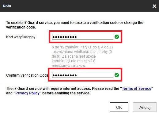 - dla kamer od wersji firmware 5.4.5 wzwyż i dla rejestratorów od wersji firmware 3.4.92 wzwyż pole Kod weryfikacyjny nie jest wypełnione.