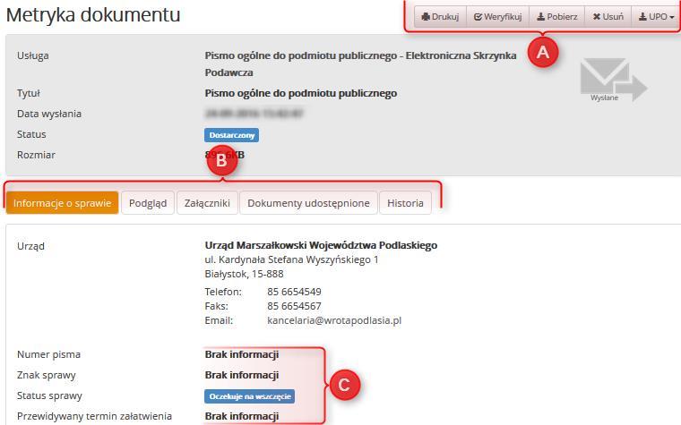 Można zajrzeć do dokumentu, pobrać, wydrukować, zajrzeć do załączników, sprawdzić jaki jest numer pisma, znak sprawy,