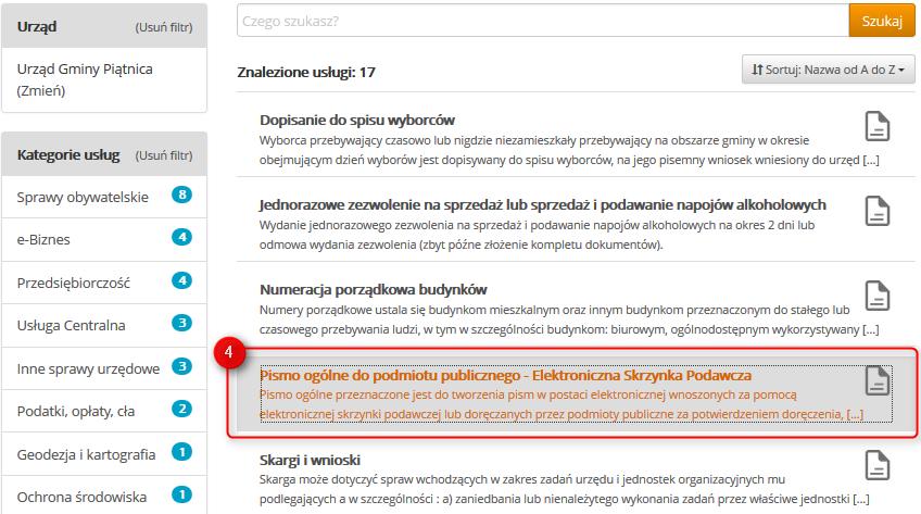 4. Wybierz Pismo ogólne do podmiotu publicznego - Elektroniczna Skrzynka Podawcza STRONA 3 5. Zostanie wyświetlona tzw. karta informacyjna czyli wszystkie informacje dot. wysłania tego rodzaju pisma.