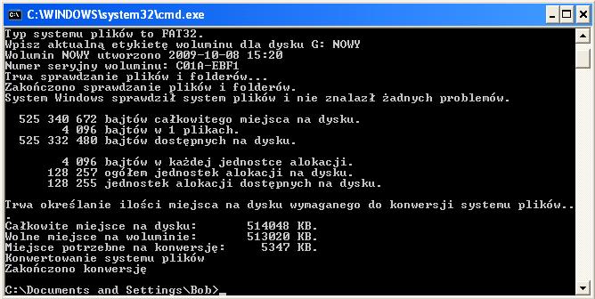 Komenda convert zmienia system plików na dysku bez utraty