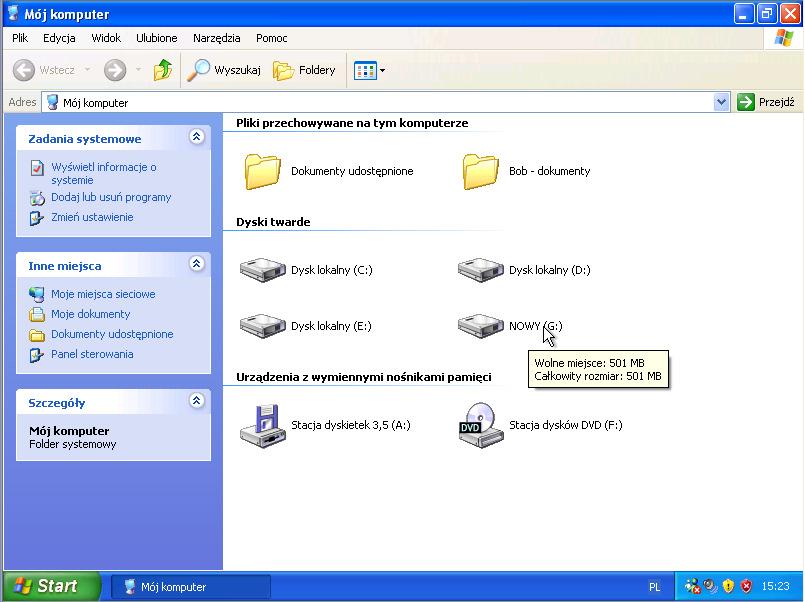 Okno "Zarządzanie komputerem" pokazuje nowy "Zdrowy" wolumin. Krok 6 Otwórz Mój komputer. Kliknij na dysk Dysk lokalny (G:).