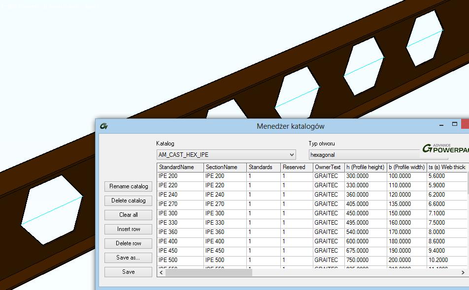 Menedżer katalogów To nowe narzędzie pozwala na dodanie nowych katalogów dla belek ażurowych.