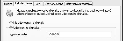 W przypadku serwera druku Windows XP wybierz polecenie Share this printer (Udostępnij tę drukarkę), a następnie wpisz nazwę w polu Share name (Nazwa udziału).