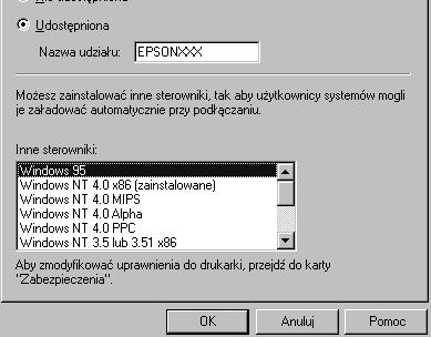Na serwerze druku Windows NT 4.0 Wybierz system Windows używany przez komputery klientów. Na przykład wybierz Windows 9, aby zainstalować dodatkowy sterownik dla klientów Windows Me, 98 lub 9.