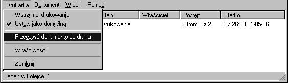 . W przypadku anulowania wszystkich drukowanych dokumentów, w menu Printer (Drukarka) wybierz polecenie Purge Print Documents (Usuń drukowane dokumenty) (w systemie Windows Me, 98 lub 9) lub Cancel