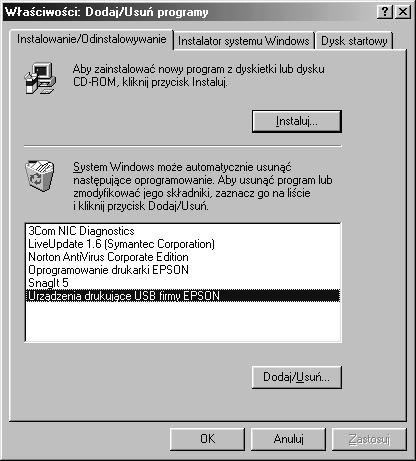. Wybierz pozycję EPSON USB Printer Devices (Urządzenia drukarek USB firmy EPSON), a następnie kliknij przycisk dd/remove (Dodaj/Usuń).