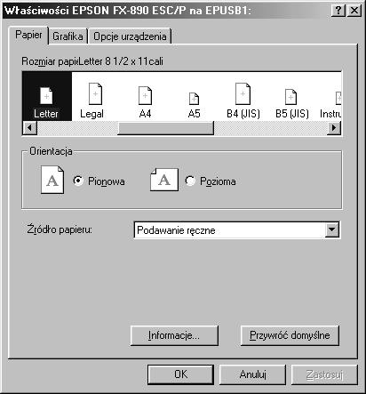 . Kliknij przycisk Printer (Drukarka), Setup (Ustawienia), Properties (Właściwości) lub Options (Opcje). (Może zajść potrzeba kliknięcia kombinacji tych przycisków.