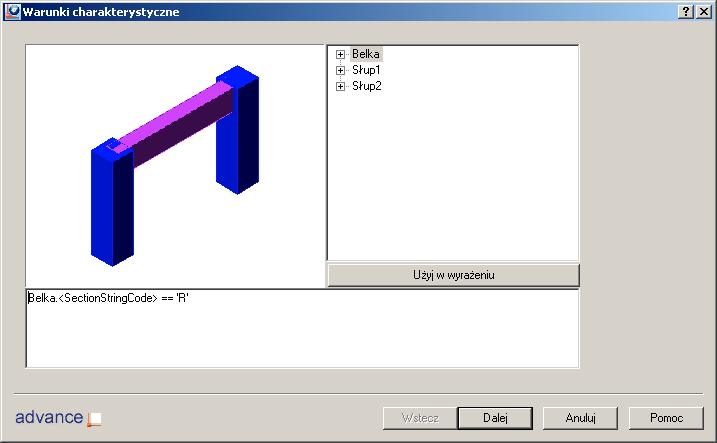 W oknie Warunki charakterystyczne zostanie wyświetlony podgląd modelu oraz lista dostępnych parametrów dla warunków charakterystycznych. Zwróć uwagę na warunek Belka.