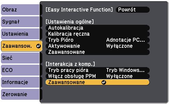 Sterownie funkcjmi komputer z ekrnu projekcji (interktywny tryb komputer) 100 c Wybierz ustwienie Esy Interctive Function i nciśnij przycisk [Enter]. e Wybierz ustwienie Ręcz. reg. obsz.