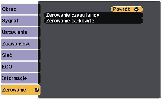 Opcje resetowni projektor - Menu Zerownie 204 Użytkownik może wyzerowć większość ustwień projektor do ich wrtości domyślnych poprzez użycie opcji Zerownie cłkowite w menu Zerow.