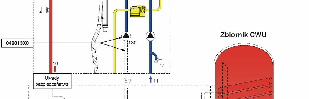Podłączenie podgrzewacza wody (Zestaw opcyjny 042013X0) Zestaw 042013X0 (wyposażenie dodatkowe) umożliwia współpracę kotła z zewnętrznym podgrzewaczem wody użytkowej.