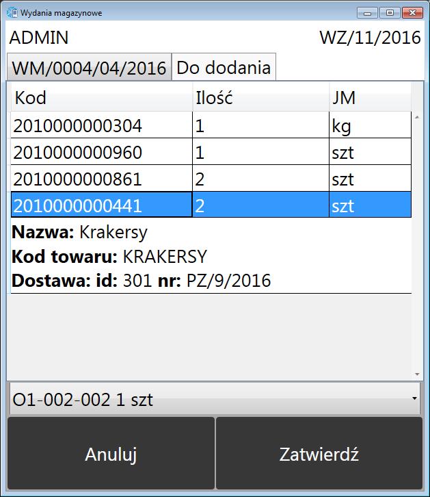 Okno jest podzielone na 2 zakładki: Numer dokumentu Do dodania Na zakładce Do dodania znajduje się lista towarów z dokumentu: Każdy towar jest opisany następującymi informacjami: Kod kod odczytu