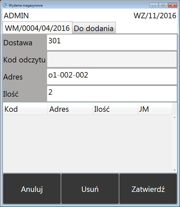 W dolnej części okna znajduje się lista rozwijana, która zawiera adresy na magazynie, na których znajduje się wydawany towar.