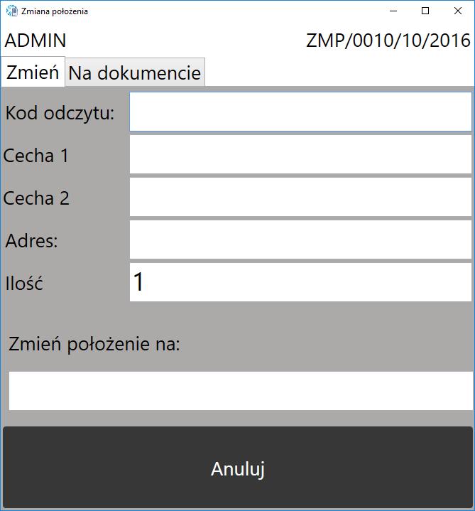 9. Zmiana położenia Wybierając z menu głównego Zmiana położenia można zmienić położenie towaru na magazynie: Aby wykonać zmianę położenia należy sczytać następujące kody: Dostawa id dokumentu PZ.