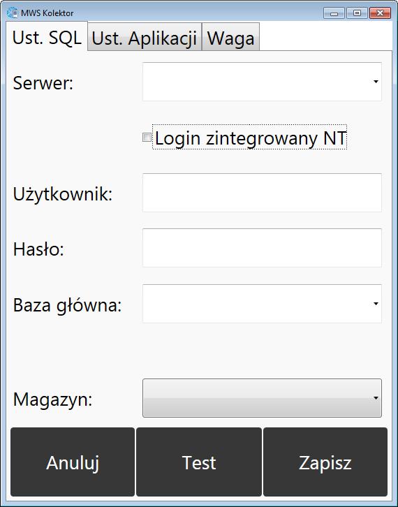 3. Pierwsze uruchomienie Przy pierwszym uruchomieniu programu należy nawiązać połączenie z serwerem MS SQL: Serwer nazwa serwera, do wyboru z listy rozwijanej.