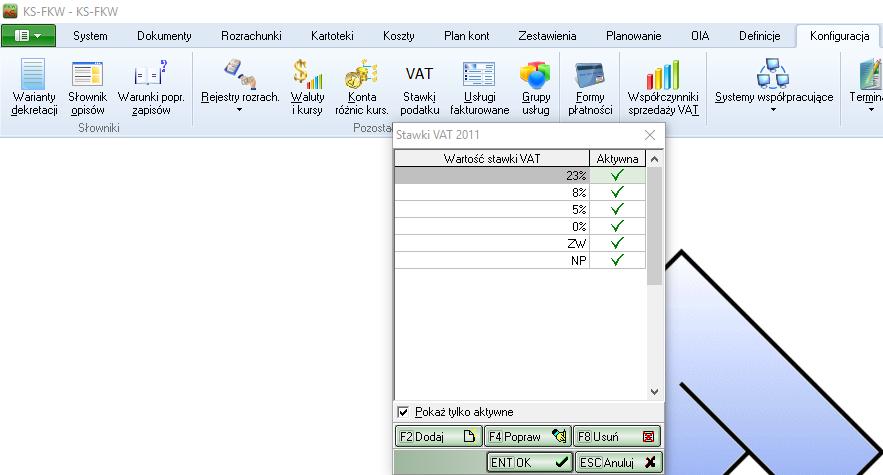 Wprowadzenie nowej stawki VAT do słownika Nowe stawki VAT można dodać do słownika stawek w menu