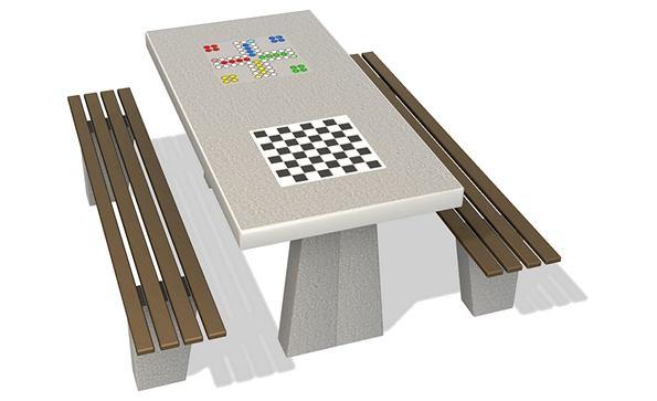 4. Stolik rekreacyjny szachy chińczyk Betonowy stolik rekreacyjny z ławkami bez oparcia, do wkopania w grunt : Konstrukcja stolika wykonana z wibrowanego betonu zbrojonego klasy B30.