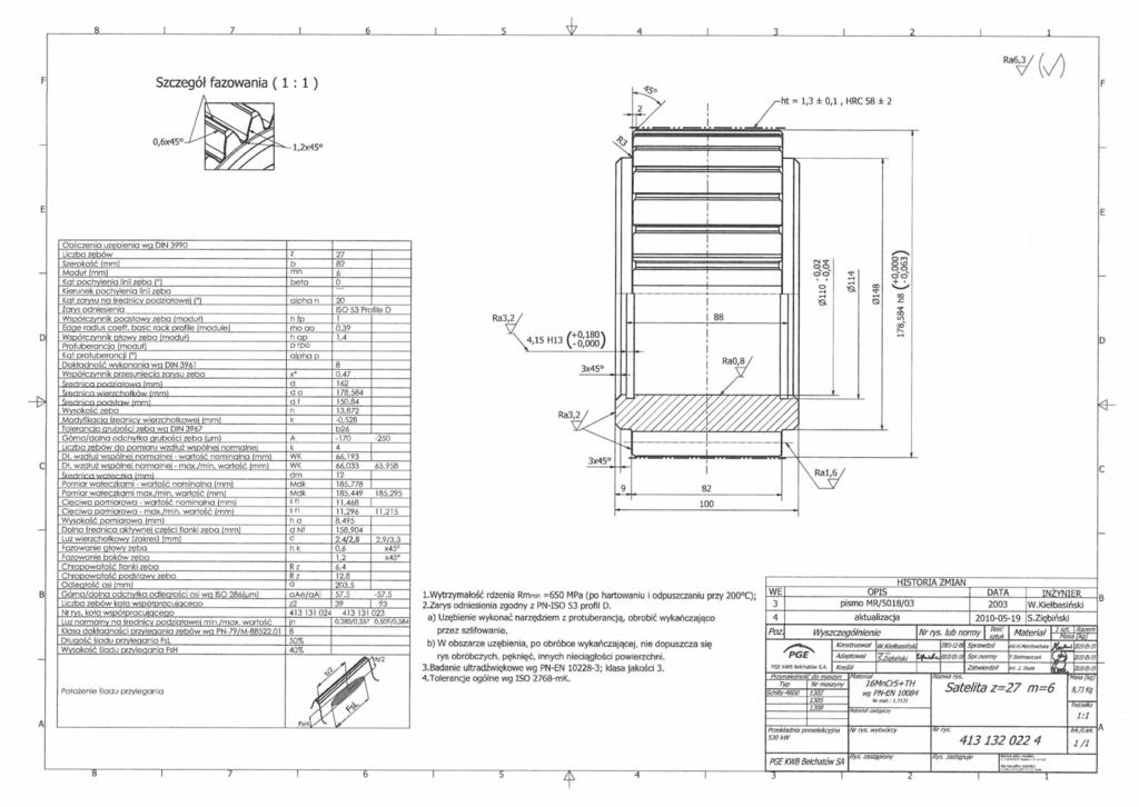 47 Ra63/ Szczegół fazowania (1:1) ht = 1,3 ± 0,1, HRC 58 ± 2 0,6x45 1,2x45 Obliczenia uzębienia wq DIN 3990 Liczba zębów z 27 Szerokość (mm) b 82 Moduł fmm) mn 6 Kat pochylenia linii zeba ( ) beta 0