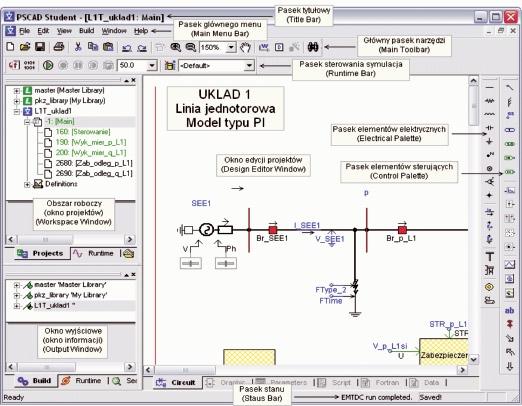 Rys. 1. Główne okno programu PSCAD [3] Okno edycji projektów programu PSCAD służy do graficznego zobrazowania obwodu elektrycznego.