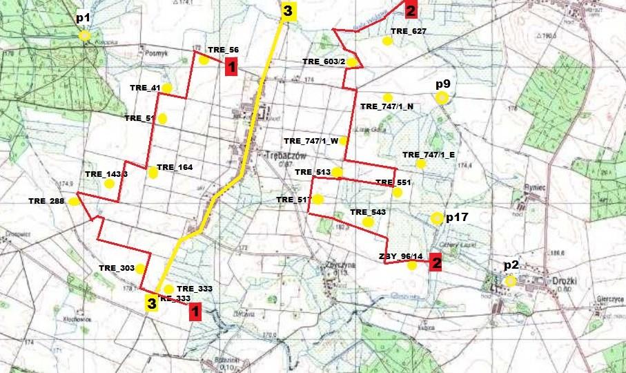 Rysunek 3. Rozmieszczenie transektów i punktów nasłuchowych badań chiropterologicznych 7. Proszę wskazać czy transekty nasłuchowe (chiropterologiczne) podzielone były na tzw.