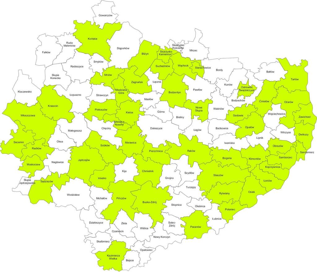 Mapa 2. Gminny regionu świętokrzyskiego realizujące specjalistyczne usługi dla osób z zaburzeniami psychicznymi w 2015 r.