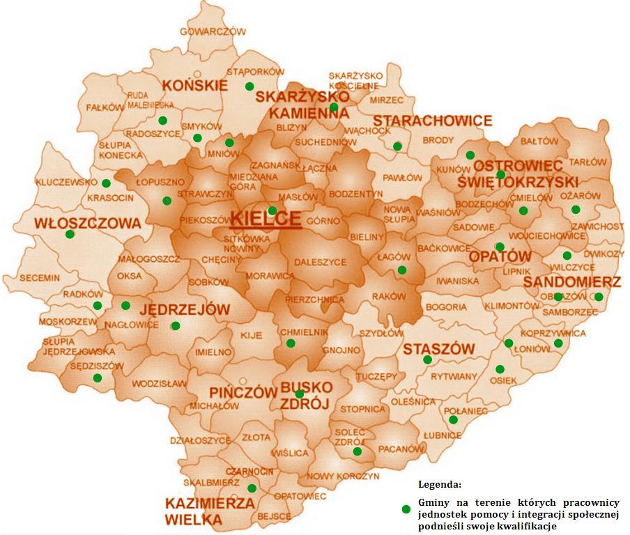 Mapa 7. Podniesienie kwalifikacji pracowników jednostek organizacyjnych pomocy i integracji społecznej, poprzez uczestnictwo w szkoleniach wg gmin regionu świętokrzyskiego.