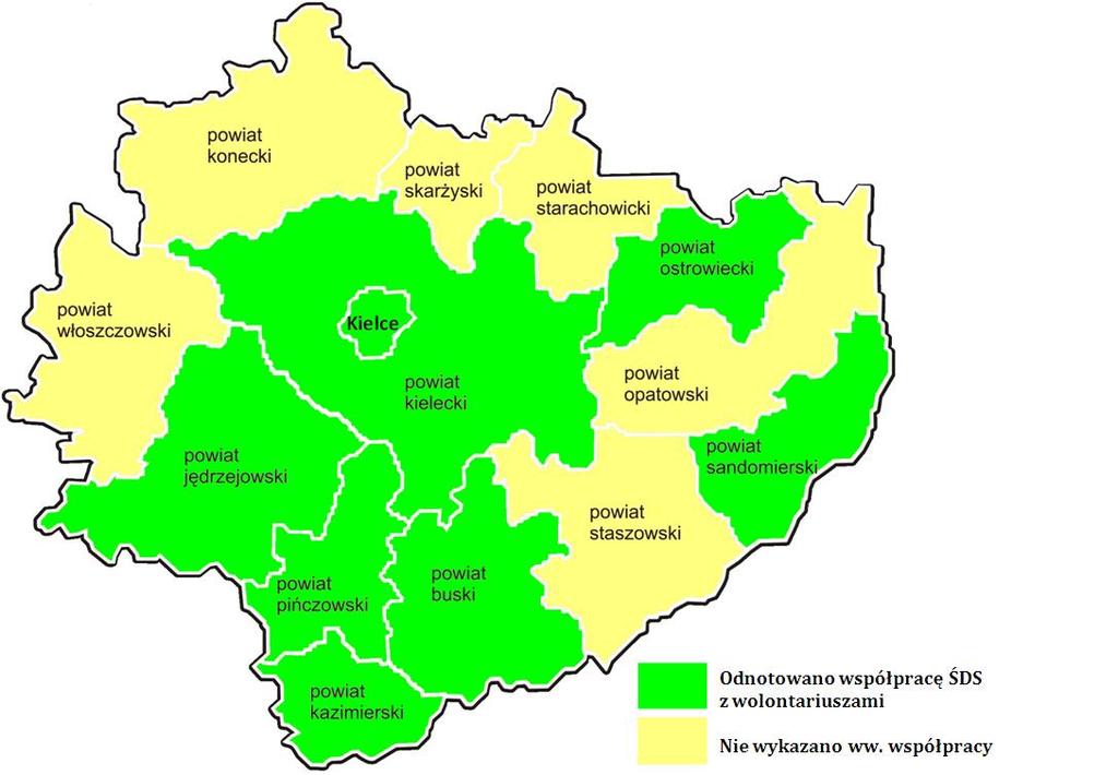 Mapa 16. Współpraca ŚDS z wolontariuszami w powiatach regionu świętokrzyskiego.