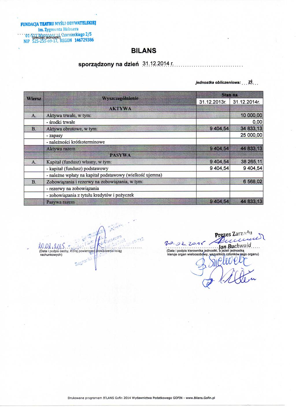 FUNDACJATIATRU MYSL! OBYWATELSMEJ im.zygmuntahiibuera 146729386 BILANS sporza_dzony na dzieri 31.12.2014 r. jednostka obliczeniowa:... Zt. 31.12.2013r 31.12.2014r. Aktywa trwsle.
