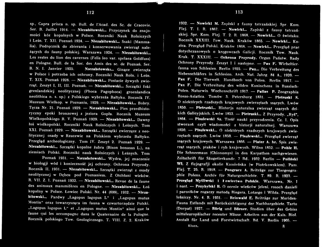 ) z Polskiego w ybrzeża Bałtyku. Rocznik IV. Muzeum W ielkop. w Poznaniu, 1929. Niezabitowski... Bobry. Tęcza Nr. 21. Poznań 1929. Niezabitowski... Pies przedhistoryczny epoki bronzow ej z jeziora Gopła.