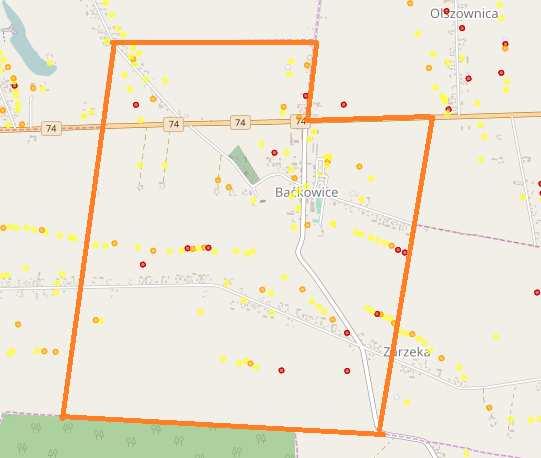 Mapa 6 Azbest na terenie sołectwa Baćkowice Źródło: http://esip.bazaazbestowa.gov.
