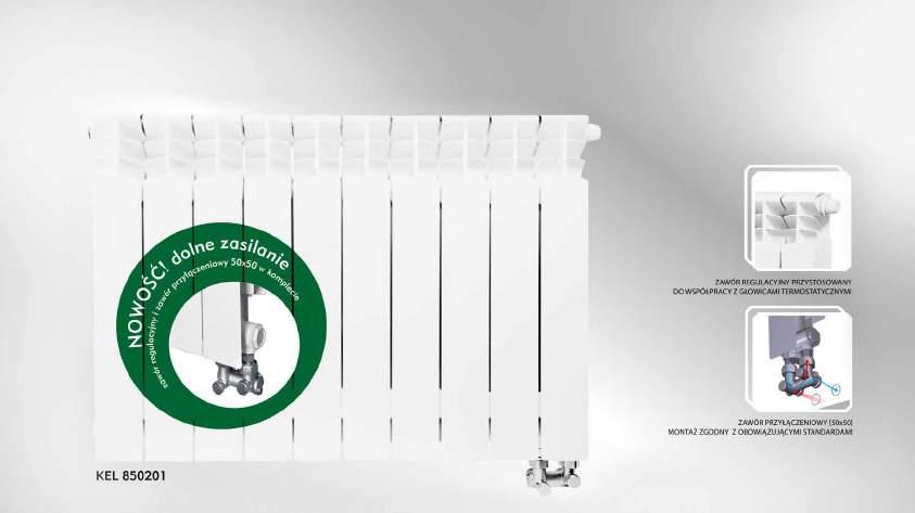 1.1. GRZEJNIKI I AKCESORIA Grzejniki aluminiowe KELLER z podłączeniem dolnym [50x50] Podłączenie w jednym elemencie Innowacyjny zespół przyłączeniowy zmieniający kierunek przepływu wody