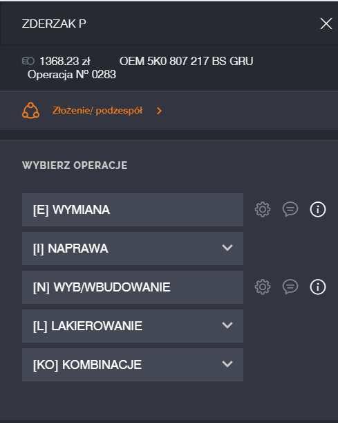operacjami dla części i piktogramów Dla części z możliwością zabudowy