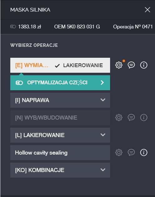 Jeśli operacja ma możliwość mutacji, opcja wyboru mutacji zostanie podświetlona. Jeśli wybrana operacja zawiera automatykę lakierowania odpowiednia informacja zostanie dodana w widoku.