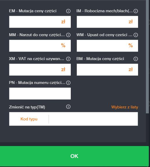 4. PANEL NAPRAWCZY 4.2. MUTACJE Mutacje pozwalają na zmiany standardowych operacji katalogowych z uwagi na szczególne uwarunkowania naprawy. Dostępność mutacji jest uzależniona od rodzaju operacji.