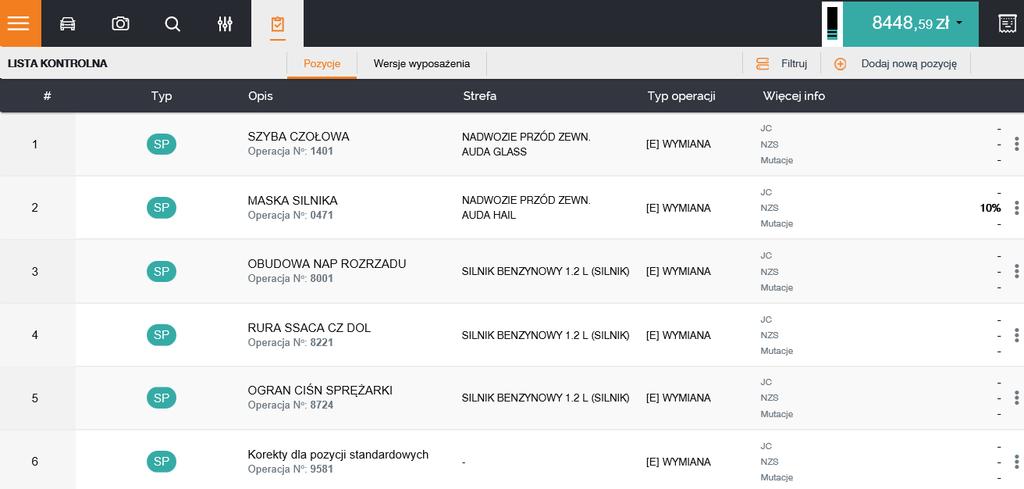 przyporządkowanych. Domyślną zakładką jest Lista pozycji jednak możliwa jest płynna zmiana na Wersje wyposażenia.