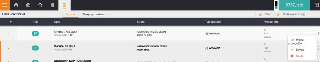 8.2.WPROWADZENIE KOREKCYJNE Panel prezentuje zadane opcje wyposażenia oraz różnice pomiędzy wersjami rozkodowanymi wg numeru VIN, dodanymi manualnie i usuniętymi względem rozkodowania numeru nadwozia.