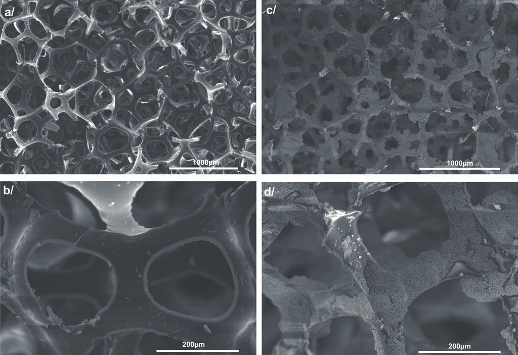 a) c) b) d) Rys. 4. Wyjściowa, nieimpregnowana pianka poliuretanowa (a, b) i po impregnacji cieczą magnetoreologiczną (c, d); SEM, elektrony wtórne, napięcie 5 kv Fig. 4. Initial non-impregnated polyurethane foam (a, b) and impregnated with the magnetorheological fluid (c, d); SEM, secondary electrons, voltage 5 kv Rys.