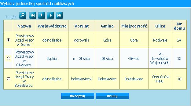 1. Po przez kliknięcie przycisku "Wybierz jednostkę spośród najbliższych". Otworzy się okno z listą najbliżej umiejscowionych jednostek obsługujących sprawę danego typu.