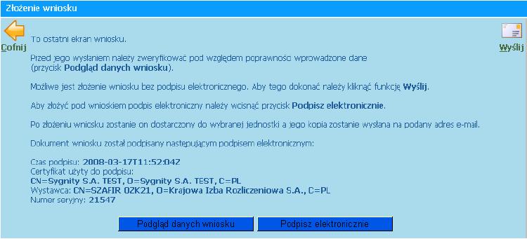 Po pomyślnym zakończeniu procesu podpisywania wyświetli się informacja jak poniżej: Formularz podpisany jest gotowy do wysłania.