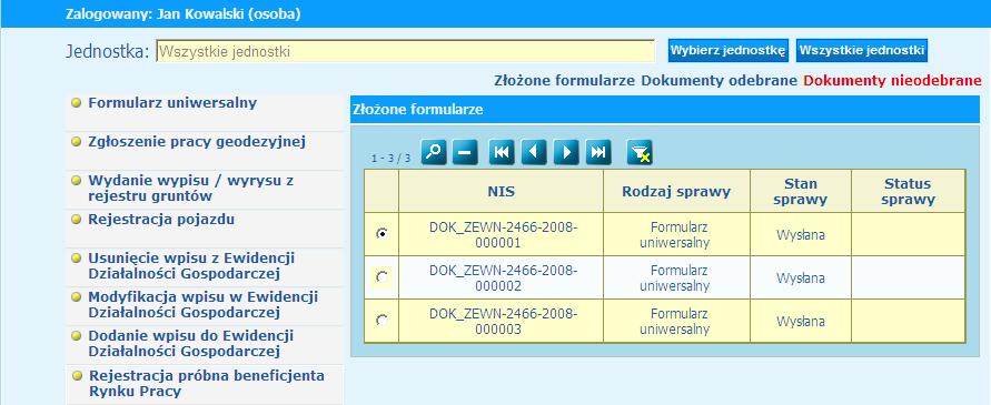 Widok dokumenty odebrane przyjmuje postać: W widoku tym pojawia się