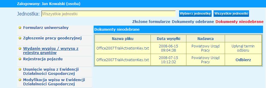 pojawiają się podstawowe informacje wraz z informacją o statusie.