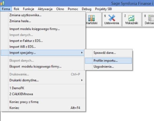 Rysunek 1 Profile importu do Symfonia Finanse i Księgowość - wywołanie Rysunek 2 Ustawienie profilu importu dla FKP - przykład Tabela 2 Parametry profilu importu