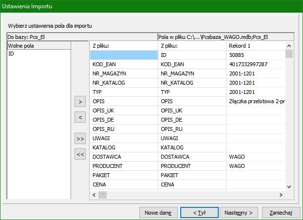 Pojawi się okno ustawień pól do importu.