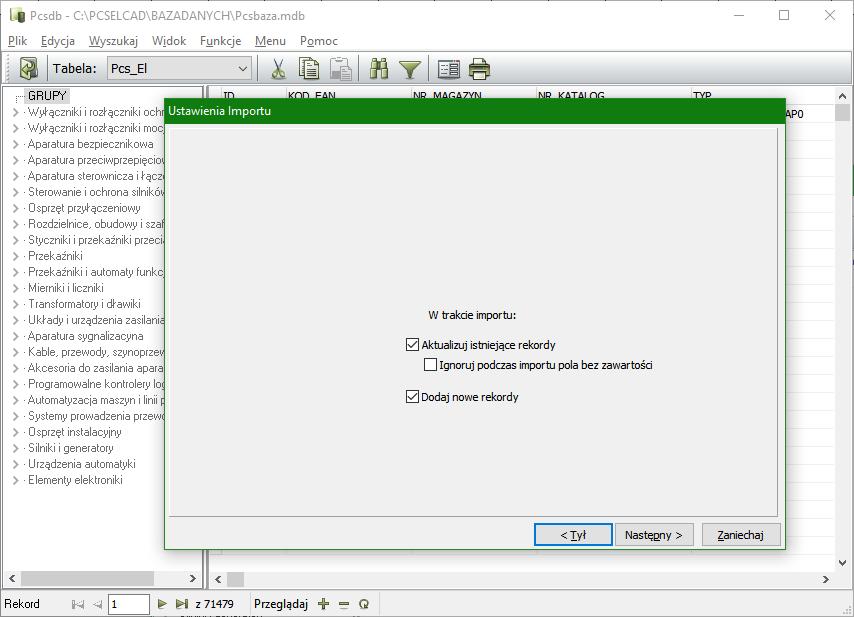 Instalator automatycznie uruchomi program PCSCHEMATIC Baza danych i włączy funkcję importu.