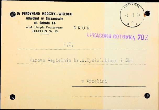 Ryc.182 Karta korespondencyjna. Ferdynand Mroczek - Wisłocki, adwokat 1932 r.