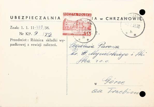 Ryc. 183 Karta korespondencyjna. Ubezpieczalnia Społeczna w Chrzanowie - 1938 r.