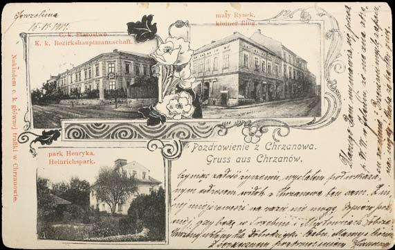 głównej trafiki w Chrzanowie, 1900. Ryc. 167 Karta korespondencyjna. Mały Rynek, park z Lamusem, Starostwo. Nakł. C.K. głównej trafiki w Chrzanowie, 1901 r.